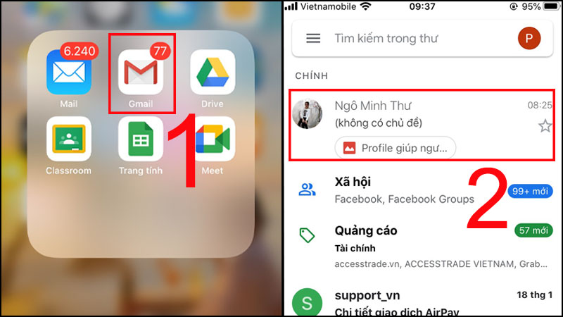  Vào Gmail > Chọn tin nhắn chứa hình ảnh cần tải về điện thoại.